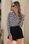 Checkered Pattern Mesh Mock Neck Long Sleeve Top
