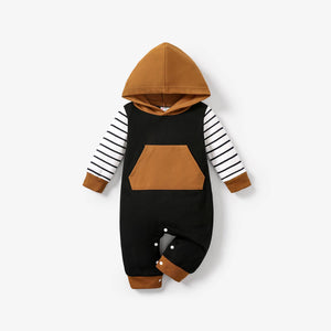 Baby Boy Color-blocked Striped Hooded Jumpsuit