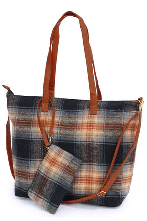 Plaid Pattern Weekend Tote Bag with Pouch