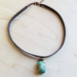 Leather Choker Necklace with African Turquoise Accent