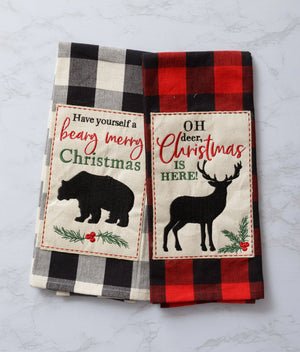 Christmas Tea Towels - Buffalo Plaid Bear And Deer