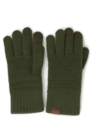 Hana - C.C Solid Ribbed Knit Glove in Olive Green