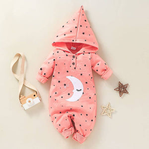 Baby Girl Moon Stars Button Hooded Long-sleeve Jumpsuit