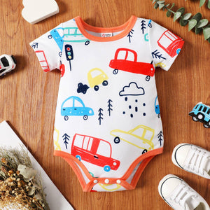 Baby Boy Cartoon Vehicle ful Striped Short-sleeve Romper