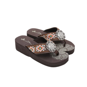 SE107-S001 Mandala Silver Floral Rhinestones Concho Embroidered Wedge Flip-Flop
