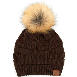 C.C Solid Ribbed Knit Beanie With Pom brown