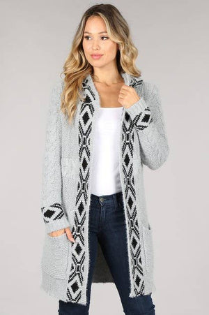 Cable Cardigan Sweater with Hood aztec pattern gray