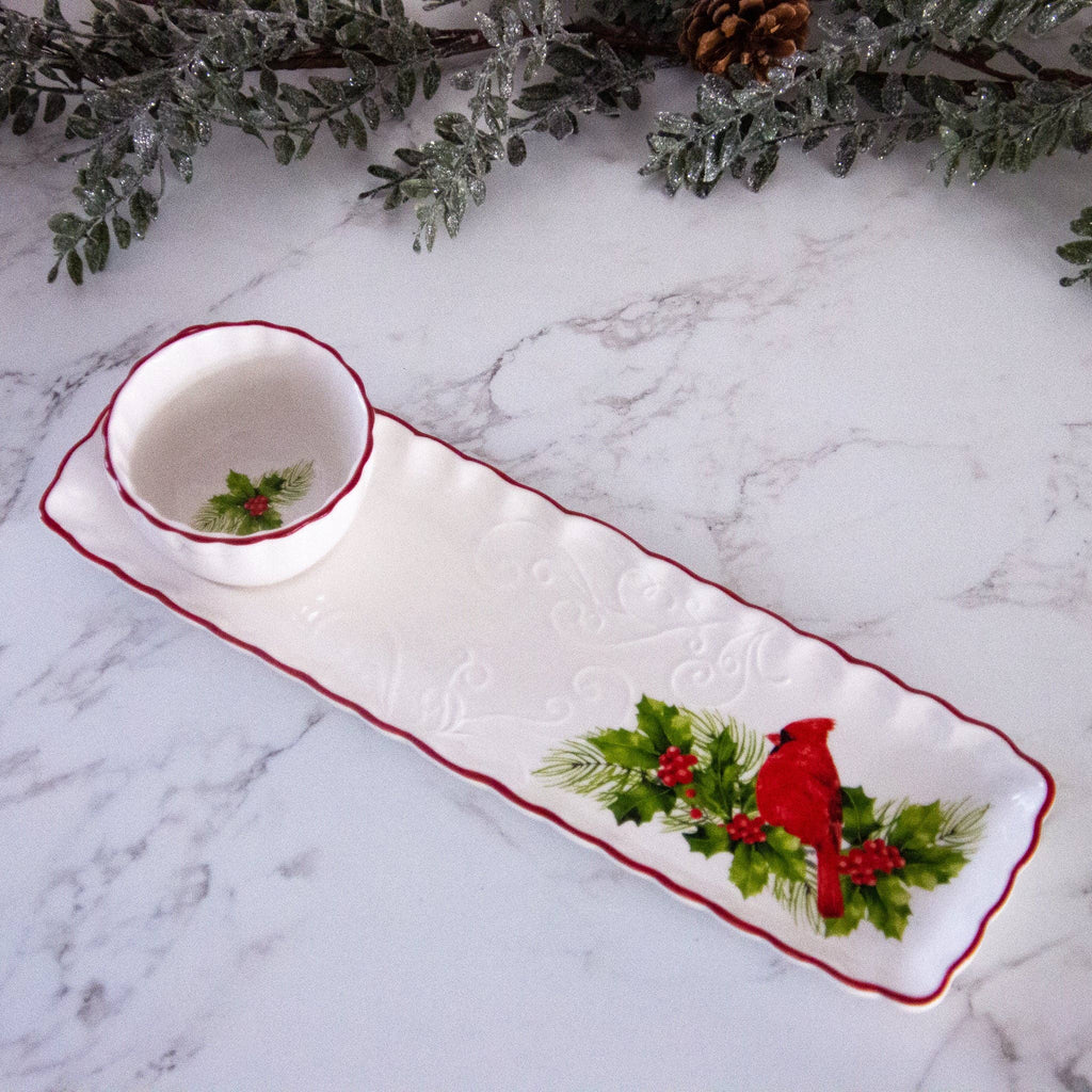 Ceramic Christmas Tray with Dip Bowl - Cardinal and Holly