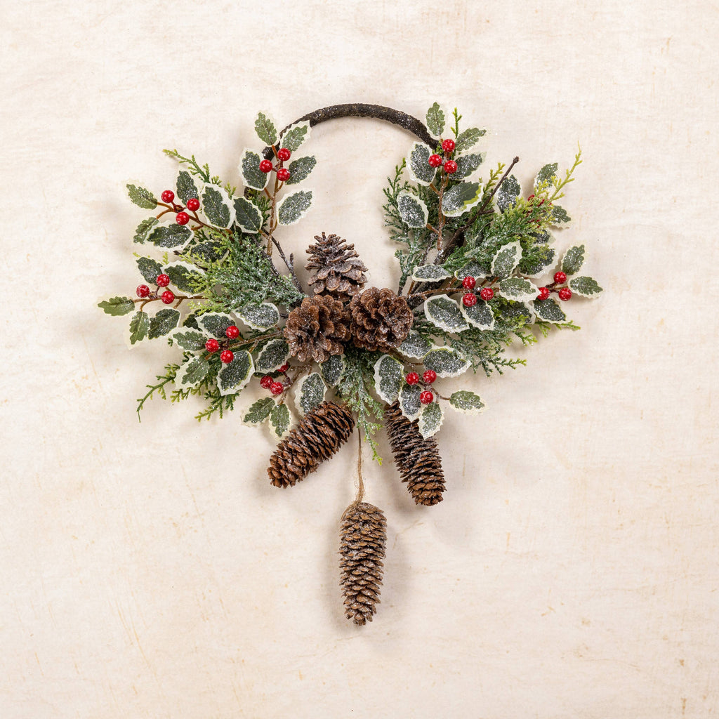16" FROSTED HOLLY, BERRIES & PINECONES Christmas WALL PIECE