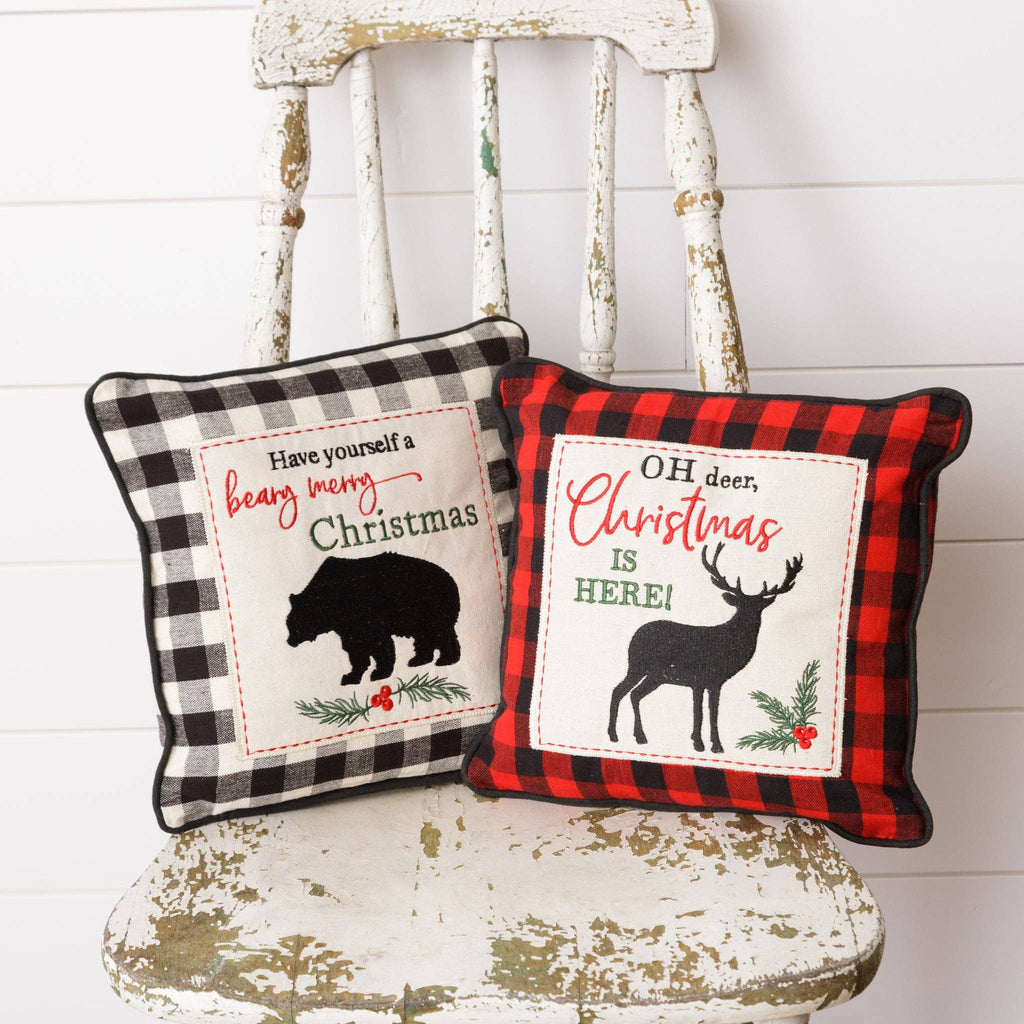 Mini Check Christmas Pillows - Deer And Bear