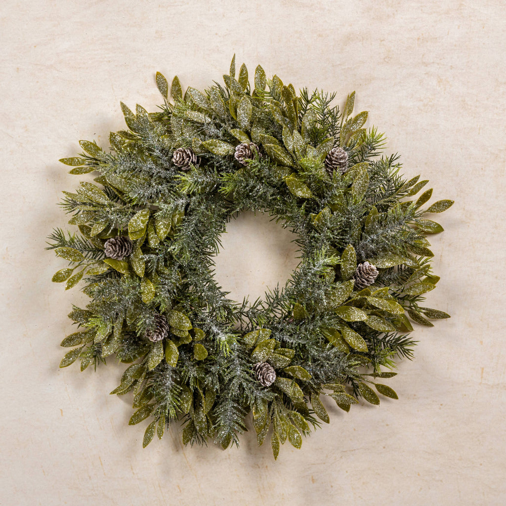 15" GLITTERED PINE W/ LEAVES & PINECONES Christmas WREATH
